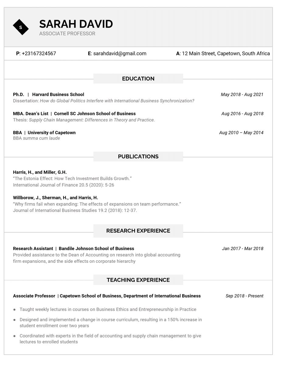 An example of an academic CV template 