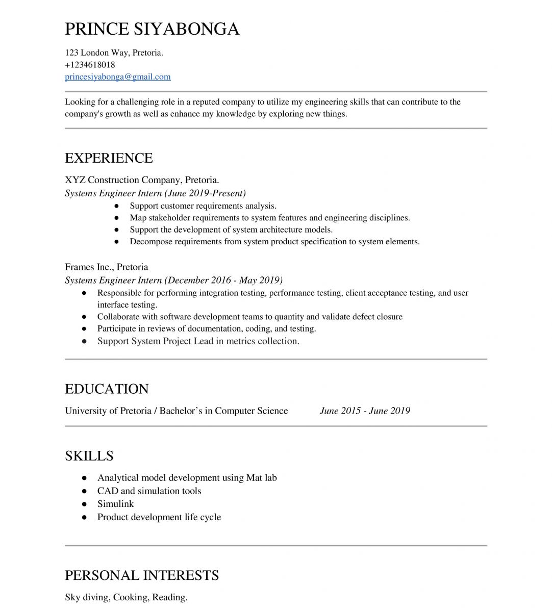 An image of an engineering internship CV template 