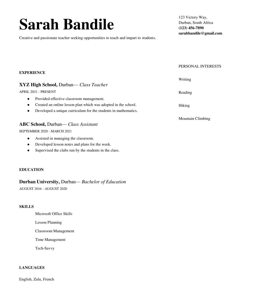 An entry-level teaching CV template
