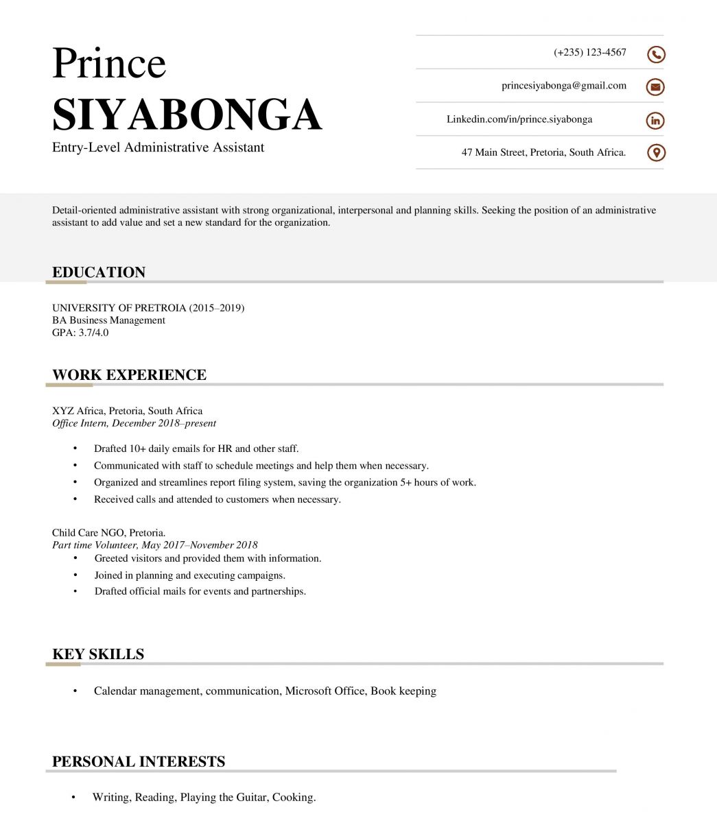 An image of an entry-level administrative CV template