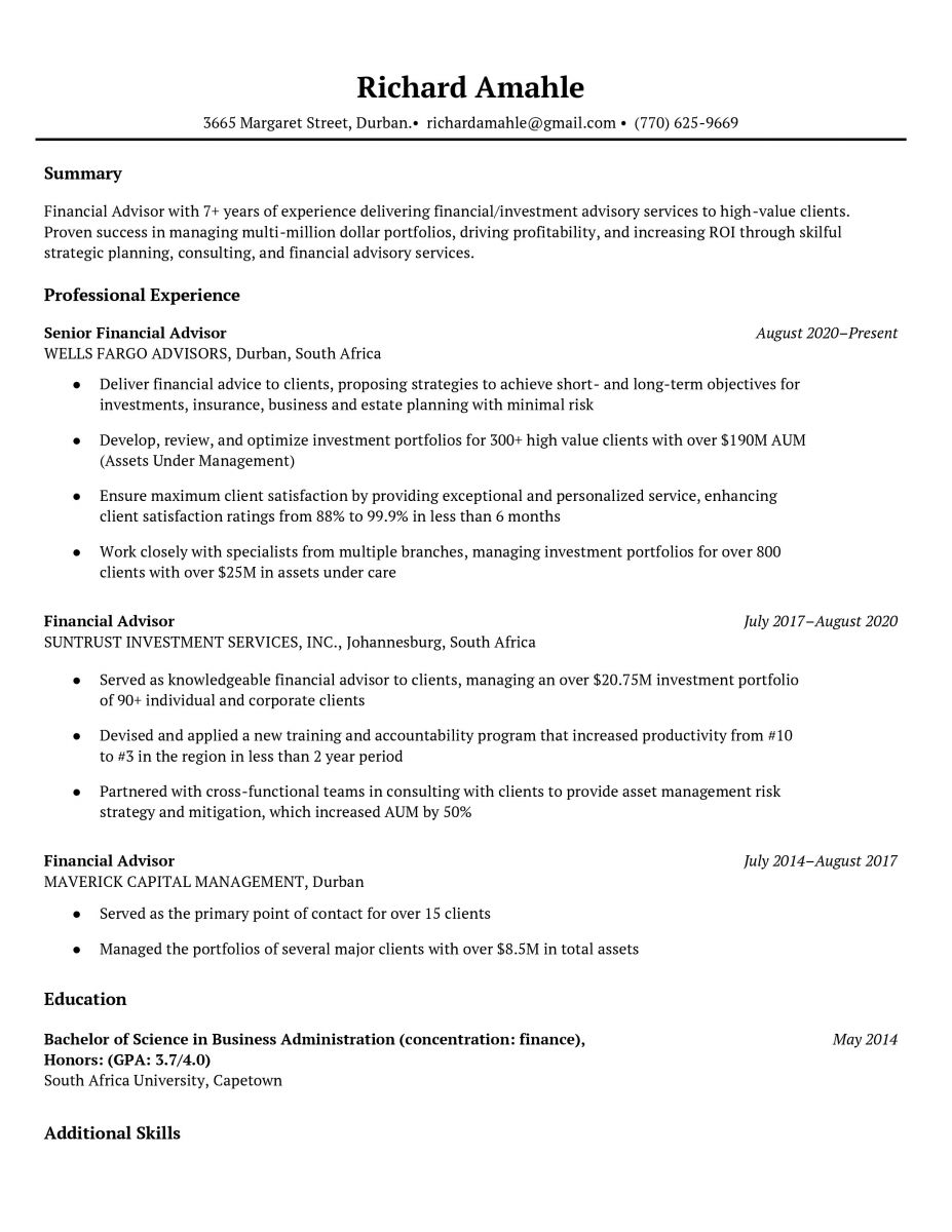 An image of a simple CV template and its sections