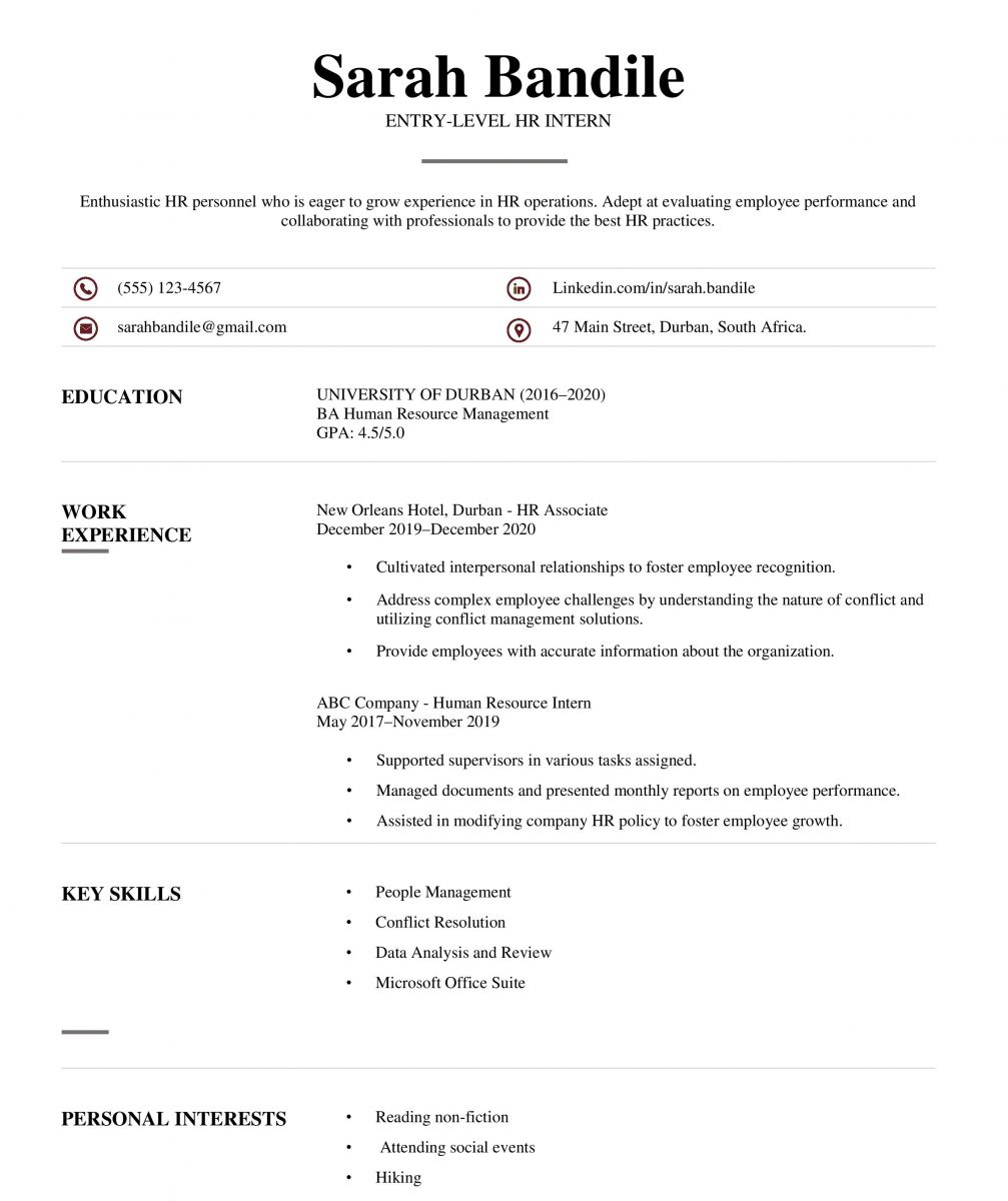 An image of an entry-level HR intern resume 