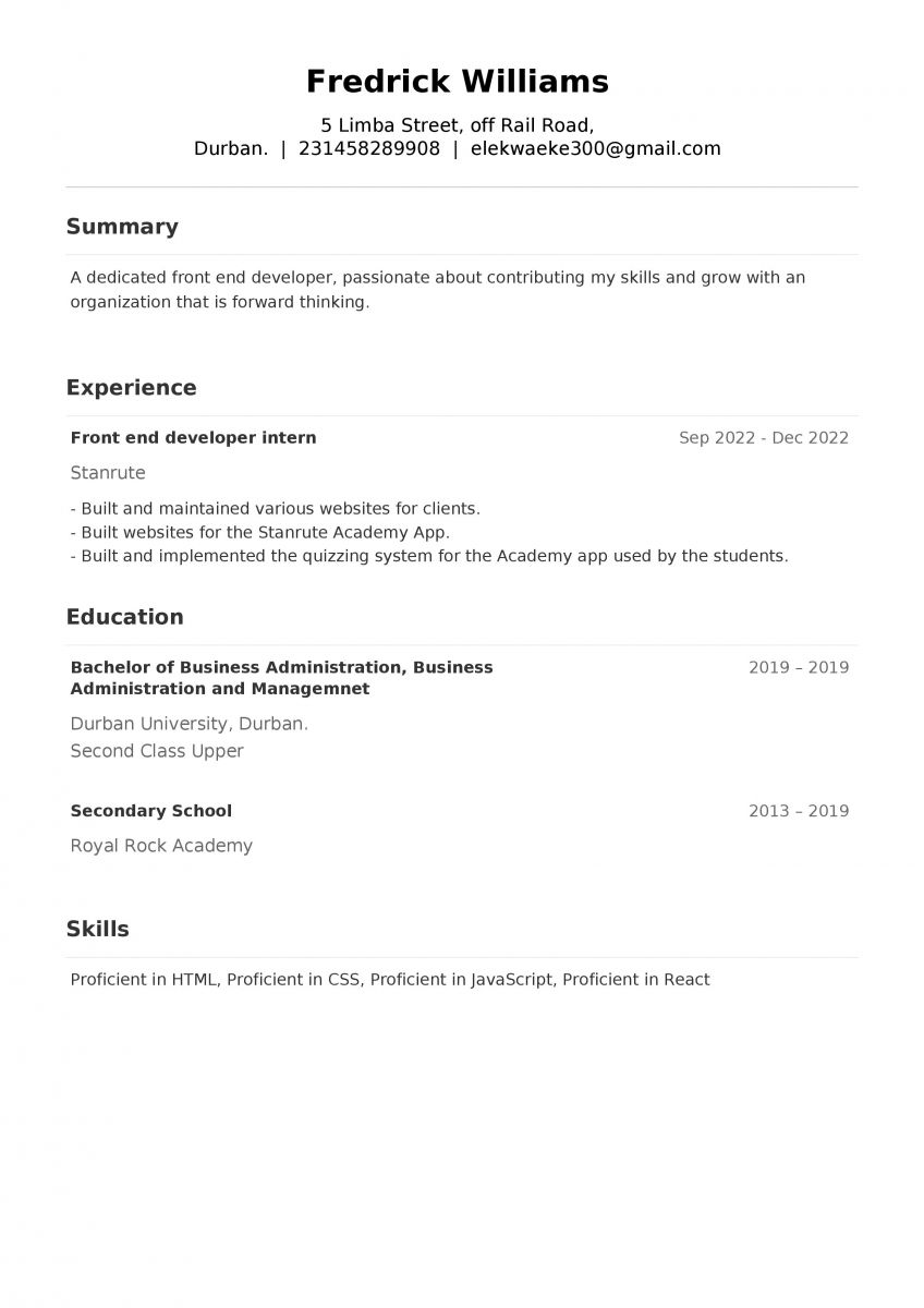 An image of a simple CV generated from MyJobMag